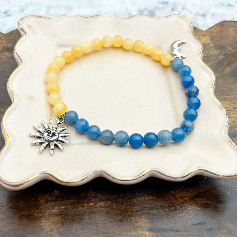 Sun Moon Bracelet Blue Aventurine Yellow Jade Stretch Beaded Celestial Jewelry